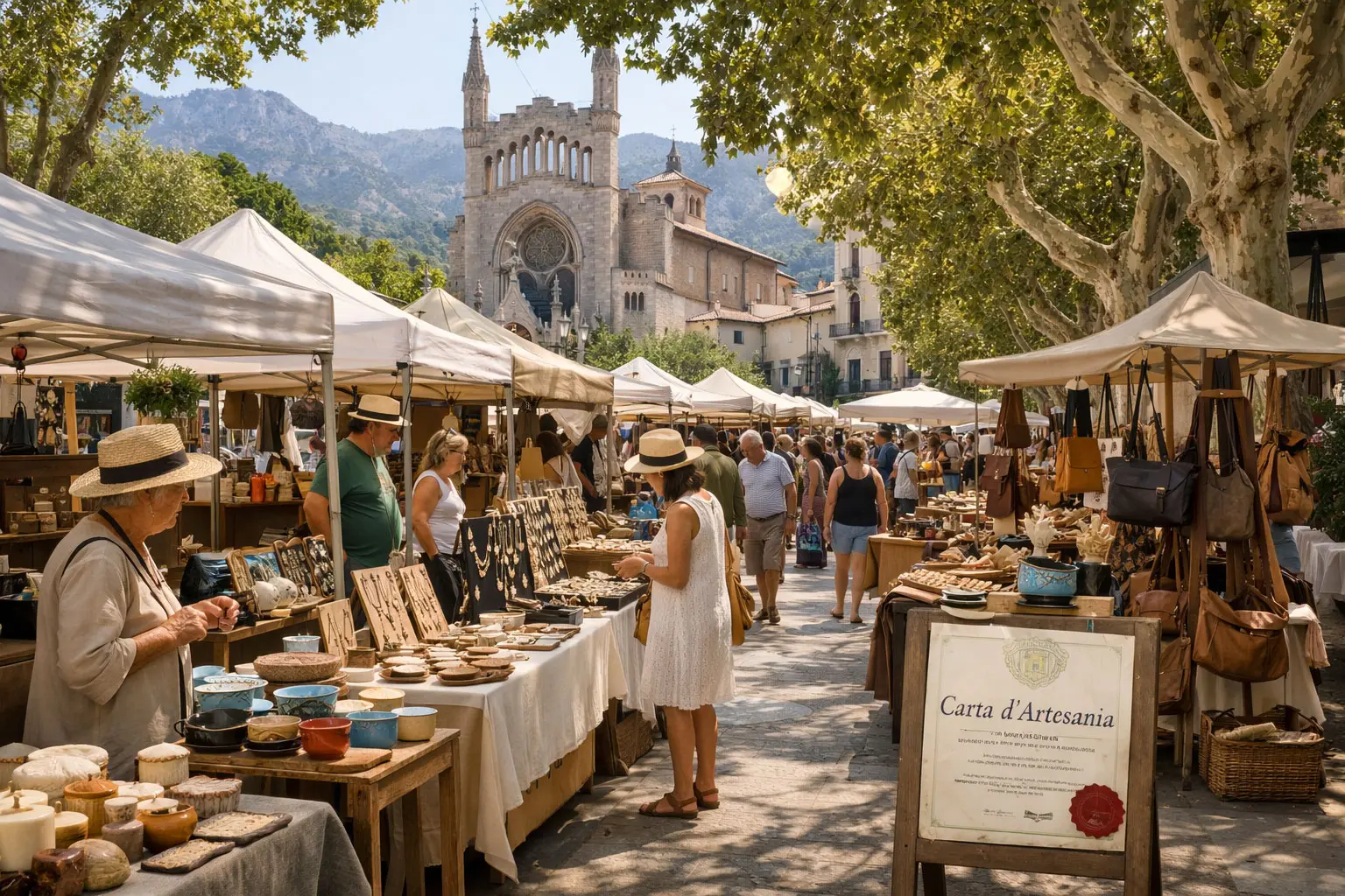 Kunsthandwerksmarkt auf der Plaça de la Constitució in Sóller